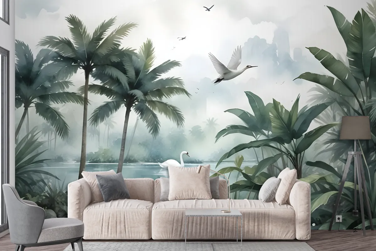 Misty Tropical Forest With Lake Wallpaper Mural