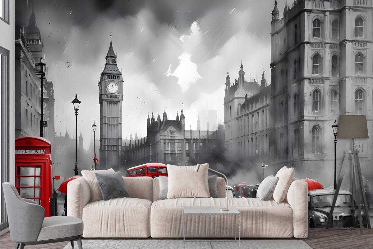 Monochrome Charcoal City Landscape And Red Bus Wallpaper Mural