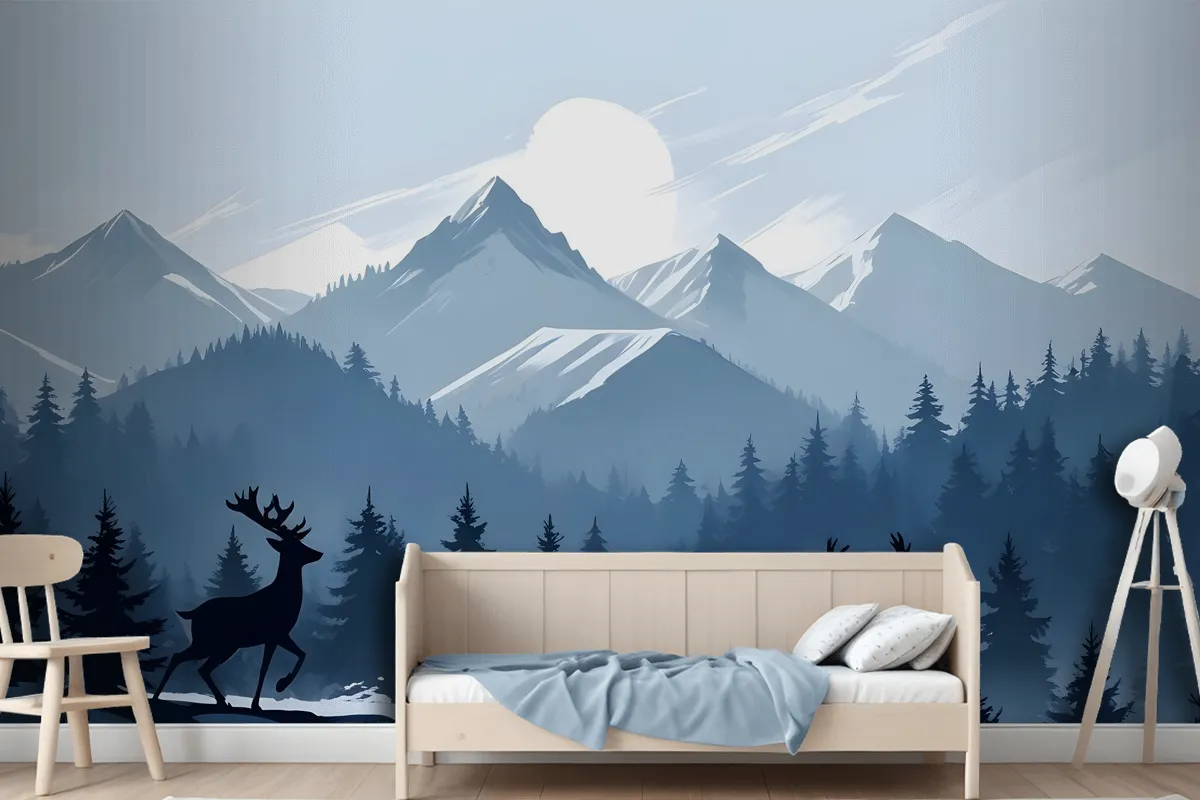 Monochrome Dark Blue Snowy Forest With Horned Deer Silhouette For Kids Wallpaper Mural