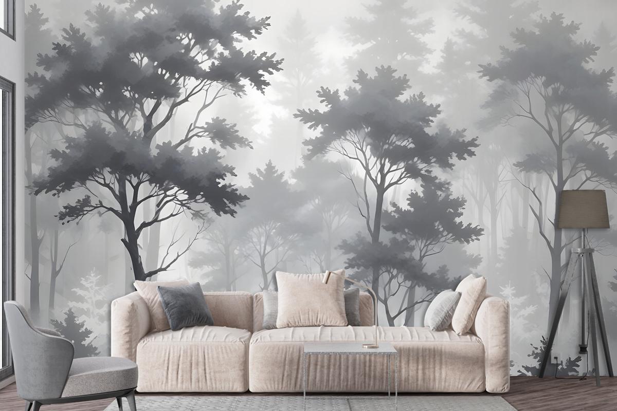 Monochrome Forest Silhouette Landscape Wallpaper Mural