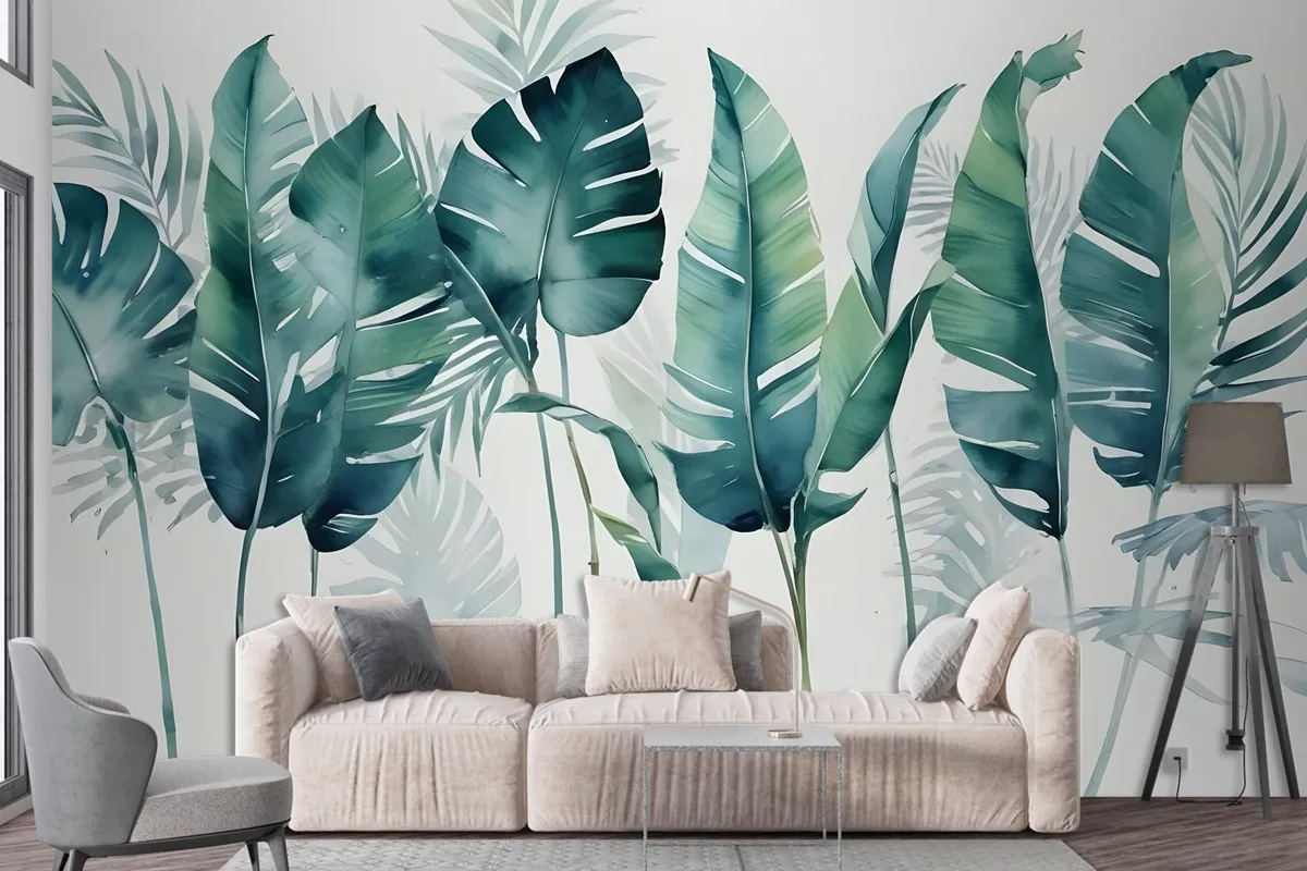 Monochrome Green Banana Leaf Wallpaper Mural