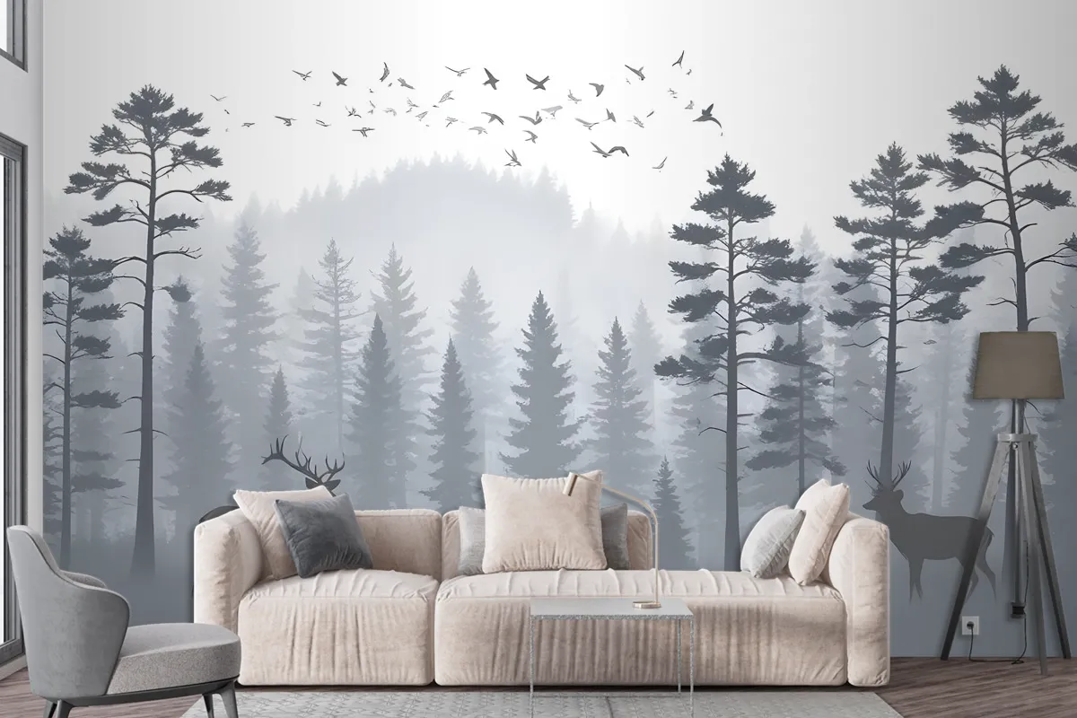 Monochrome Mountain And Forest Scape Wallpaper Mural