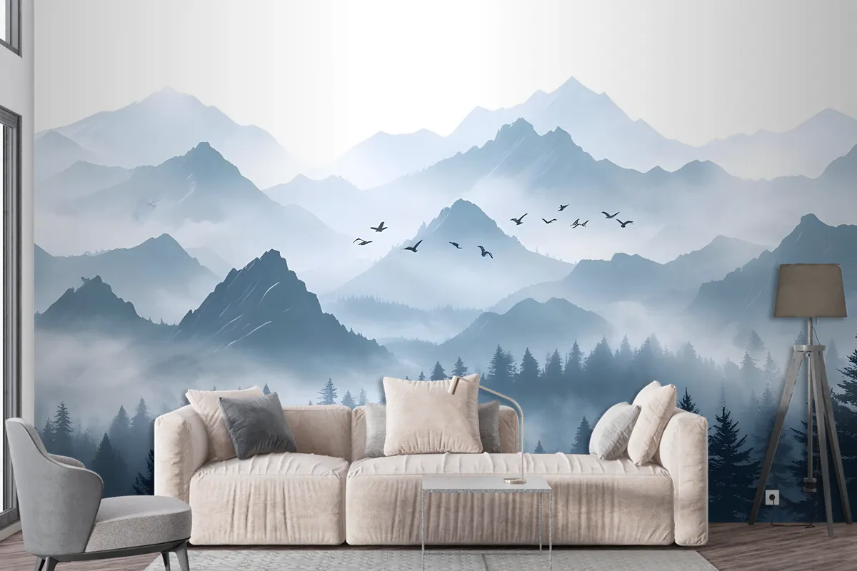 Monochrome Mountainscape With Misty Forest Wallpaper Mural