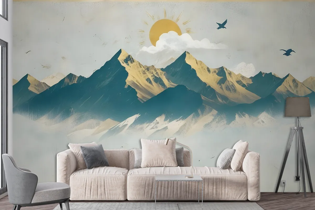 Mountain Sunrise Landscape And Old Plaid Texture Wallpaper Mural