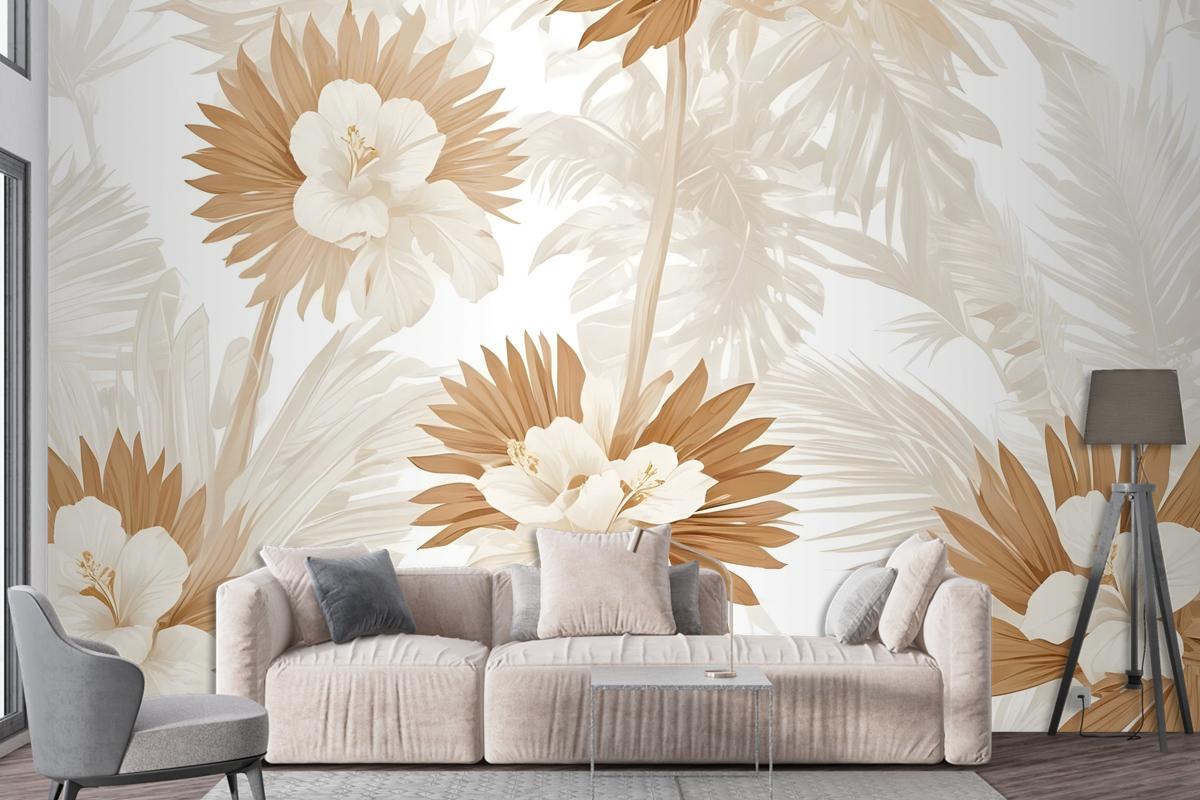 Neutral Boho Plants With Palm Leaf Wallpaper Mural