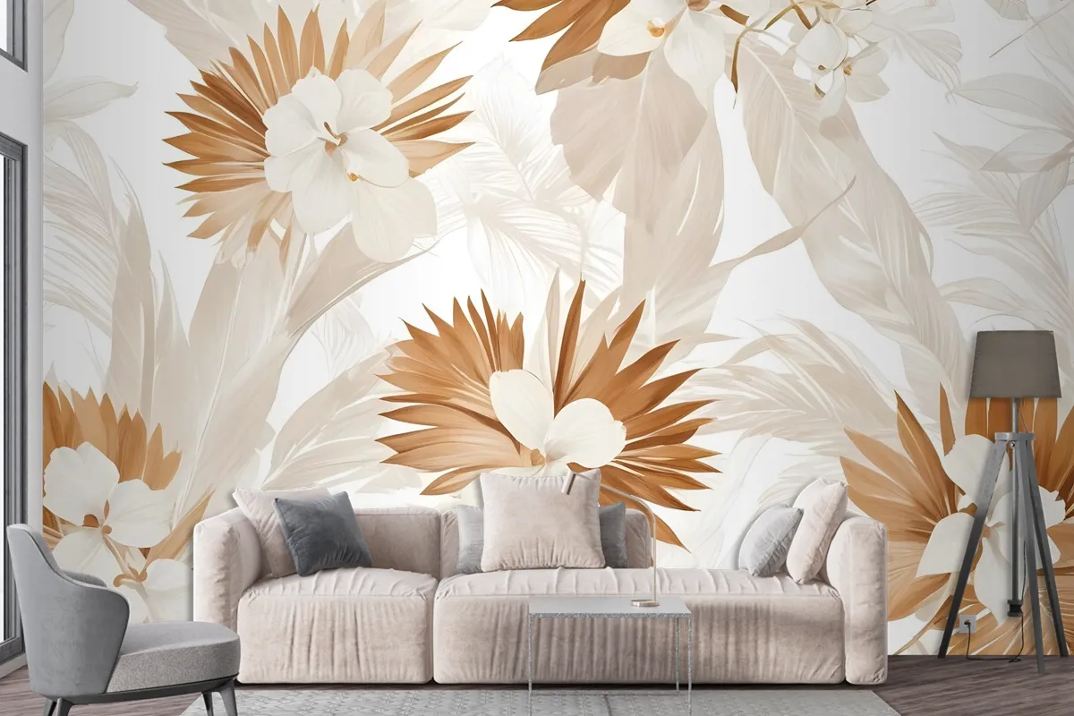 Neutral Boho Plants With Palm Leaf Wallpaper Mural