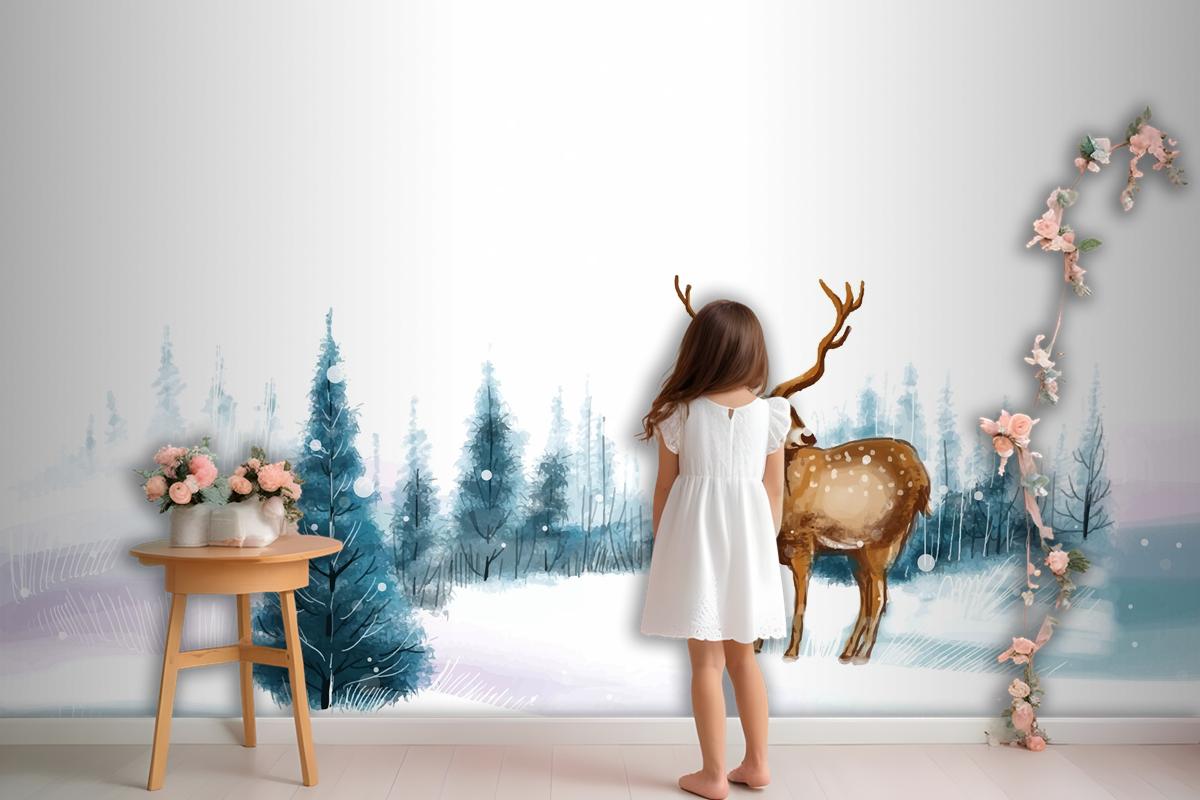 New Year And Christmas Tree Winter Landscape Background With Reindeer Wallpaper Mural