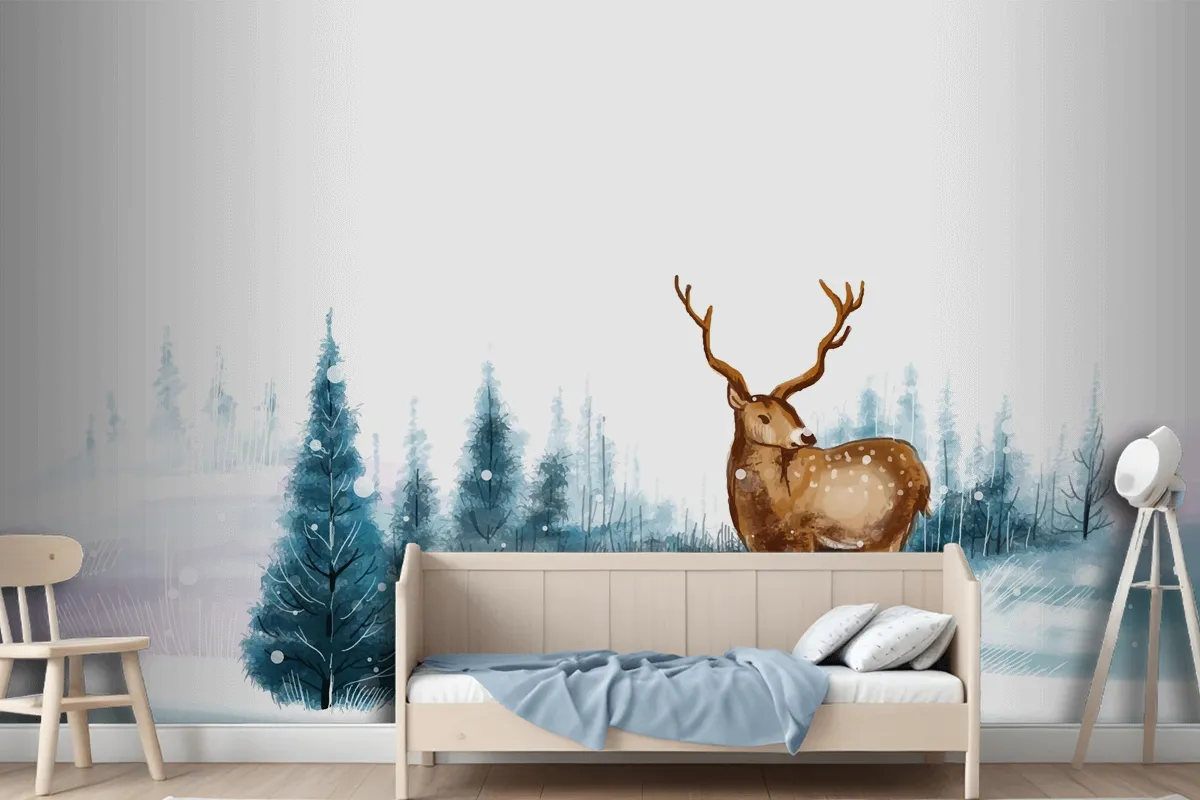 New Year And Christmas Tree Winter Landscape Background With Reindeer Wallpaper Mural