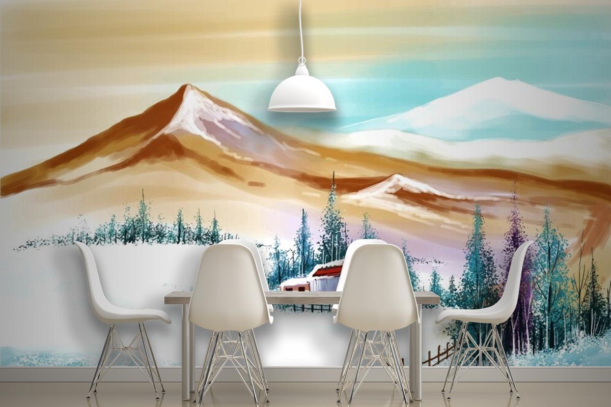 New Year And Christmas Tree Winter Landscape In Mountains Wallpaper Mural