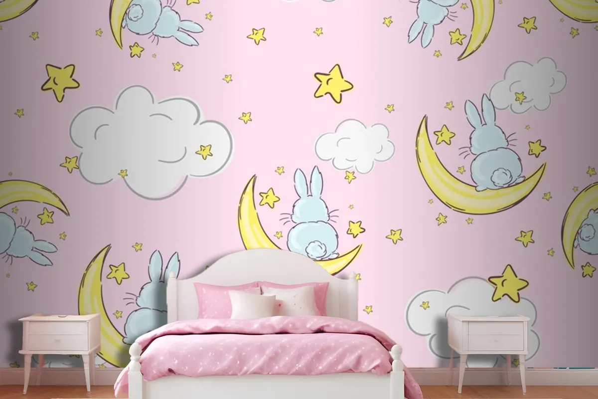 Night Sky Doodle Pattern With Cute Rabbits Sitting On Moons And Stars Seamless Wallpaper Mural