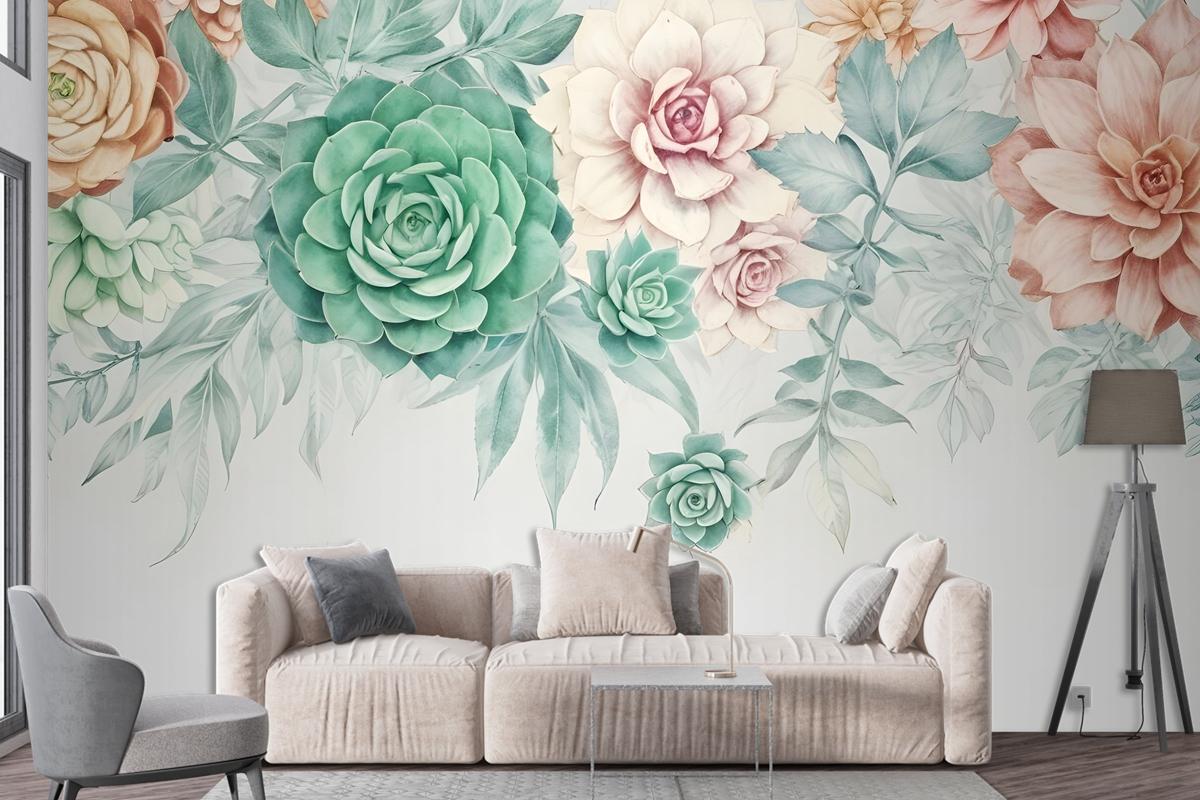 Nostalgic Soft Green Vine Floral Art Wallpaper Mural