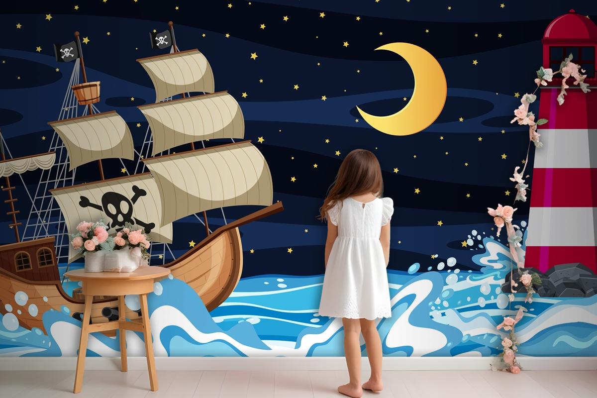 Ocean Scene At Night With Pirate Ship In Cartoon Style Wallpaper Mural