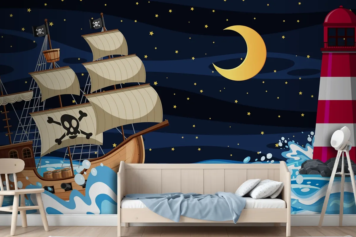 Ocean Scene At Night With Pirate Ship In Cartoon Style Wallpaper Mural