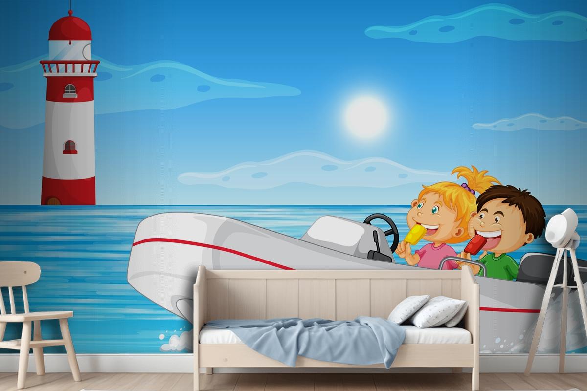 Ocean Scenery With Children On Motorboat Wallpaper Mural