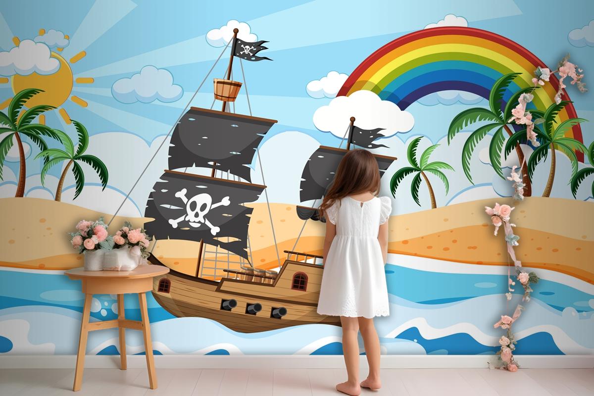 Ocean With Pirate Ship At Day Time Scene In Cartoon Style Wallpaper Mural