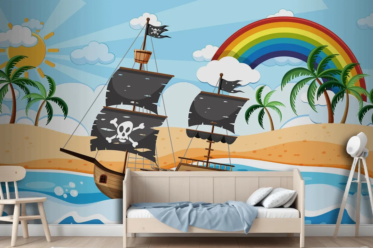 Ocean With Pirate Ship At Day Time Scene In Cartoon Style Wallpaper Mural