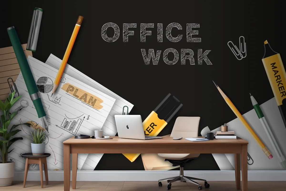 Office Work Black Chalkboard With Sheets Of Paper With Notes Scattered On It Realistic Wallpaper Mural