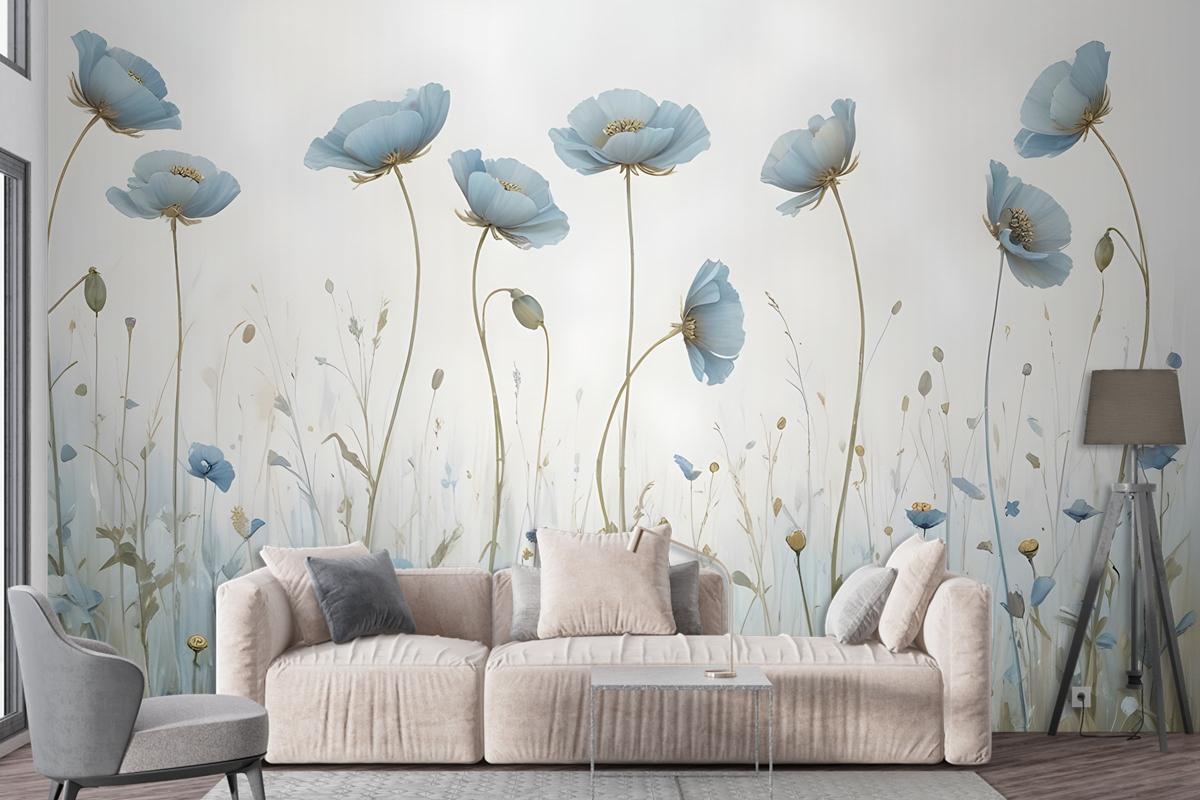 Oil Painting Blue Poppy Flowers Wallpaper Mural