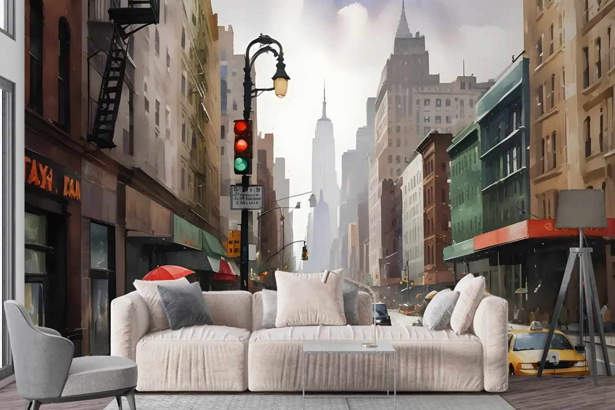 Oil Paintinging Style Street View Of New York City Landscape Wallpaper Mural