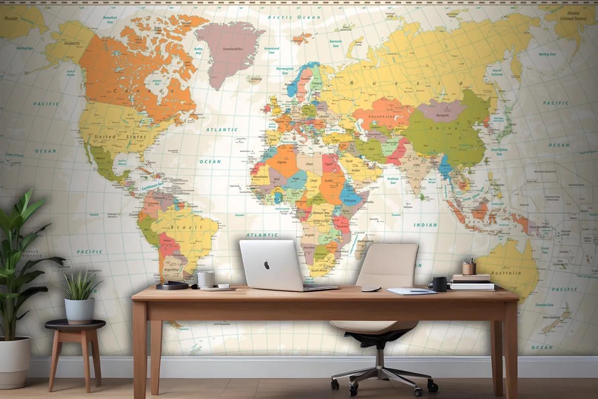 Old Retro World Map With Lakes And Rivers Wallpaper Mural