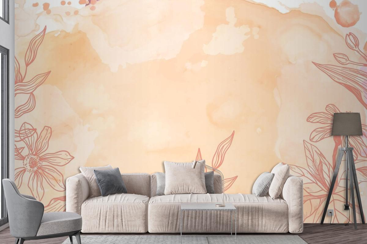 Orange Powder Pastel With Hand Drawn Flowers Background Wallpaper Mural