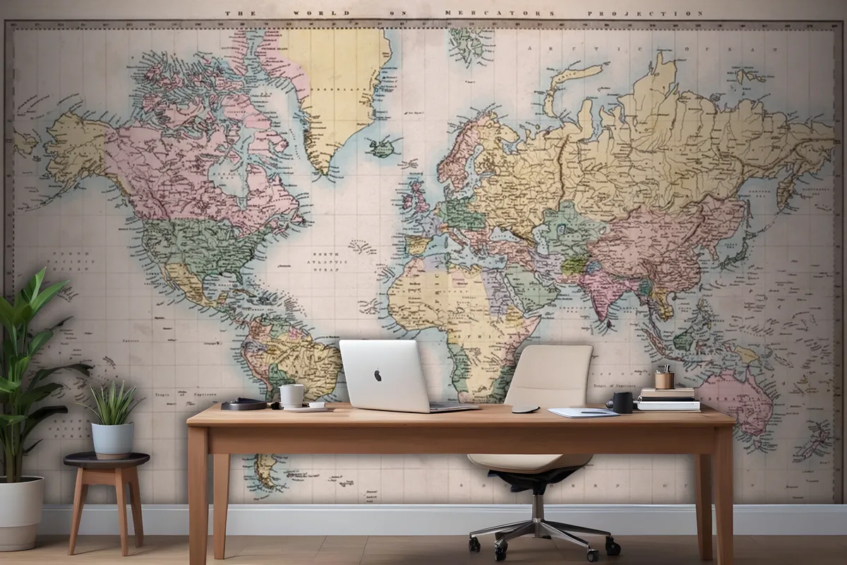 Original Old Hand Coloured Map Of The World Wallpaper Mural