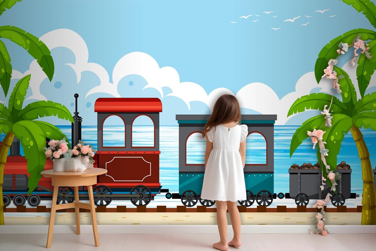 Outdoor Scene With A Steam Locomotive Train Boys Wallpaper Mural