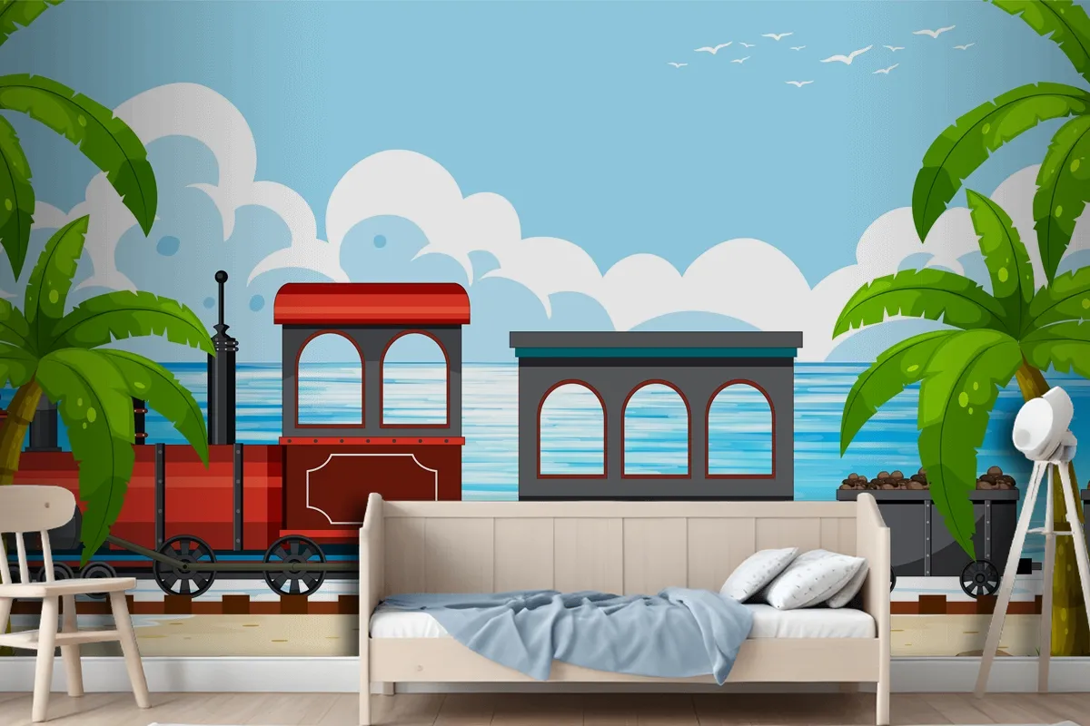 Outdoor Scene With A Steam Locomotive Train Boys Wallpaper Mural