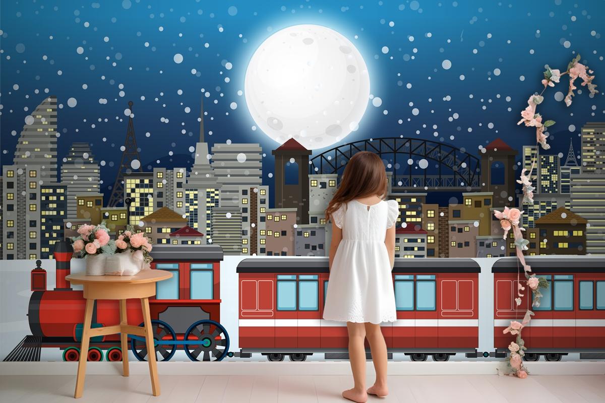 Outdoor Scene With A Steam Locomotive Train Kids Wallpaper Mural