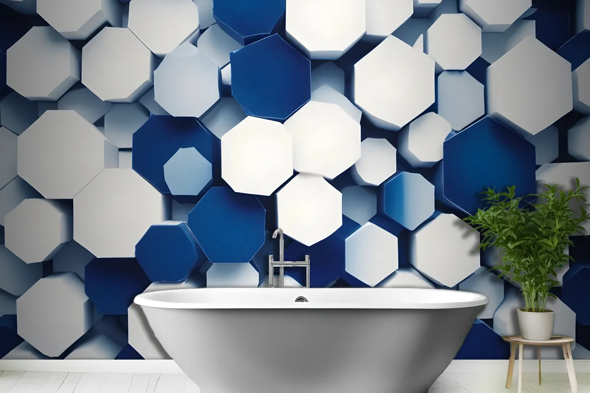 Overlapping Hexagon In Shades Of Blue And White Wallpaper Mural
