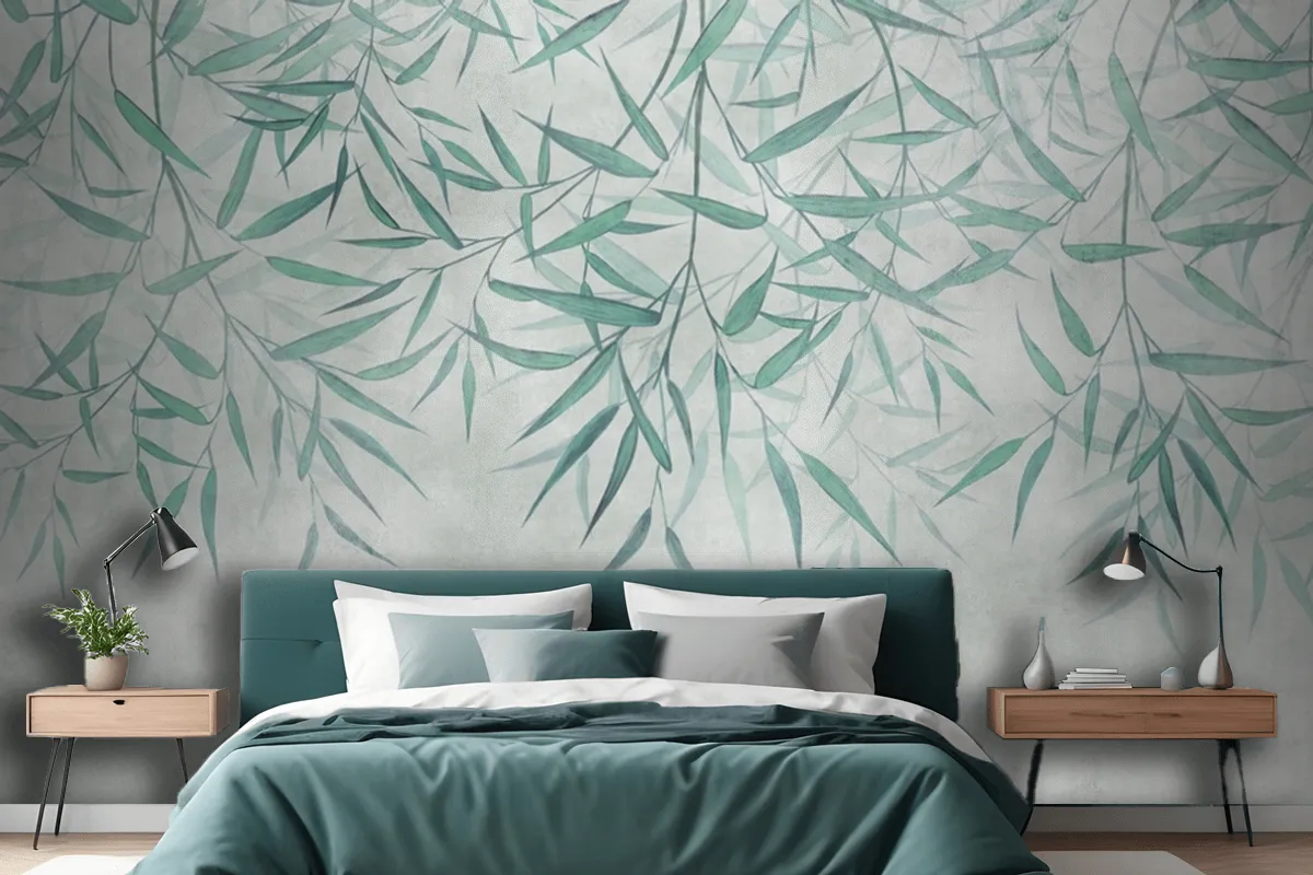 Painted Reed Bamboo Leaves Hanging From Above On A Textured Background Wallpaper Mural