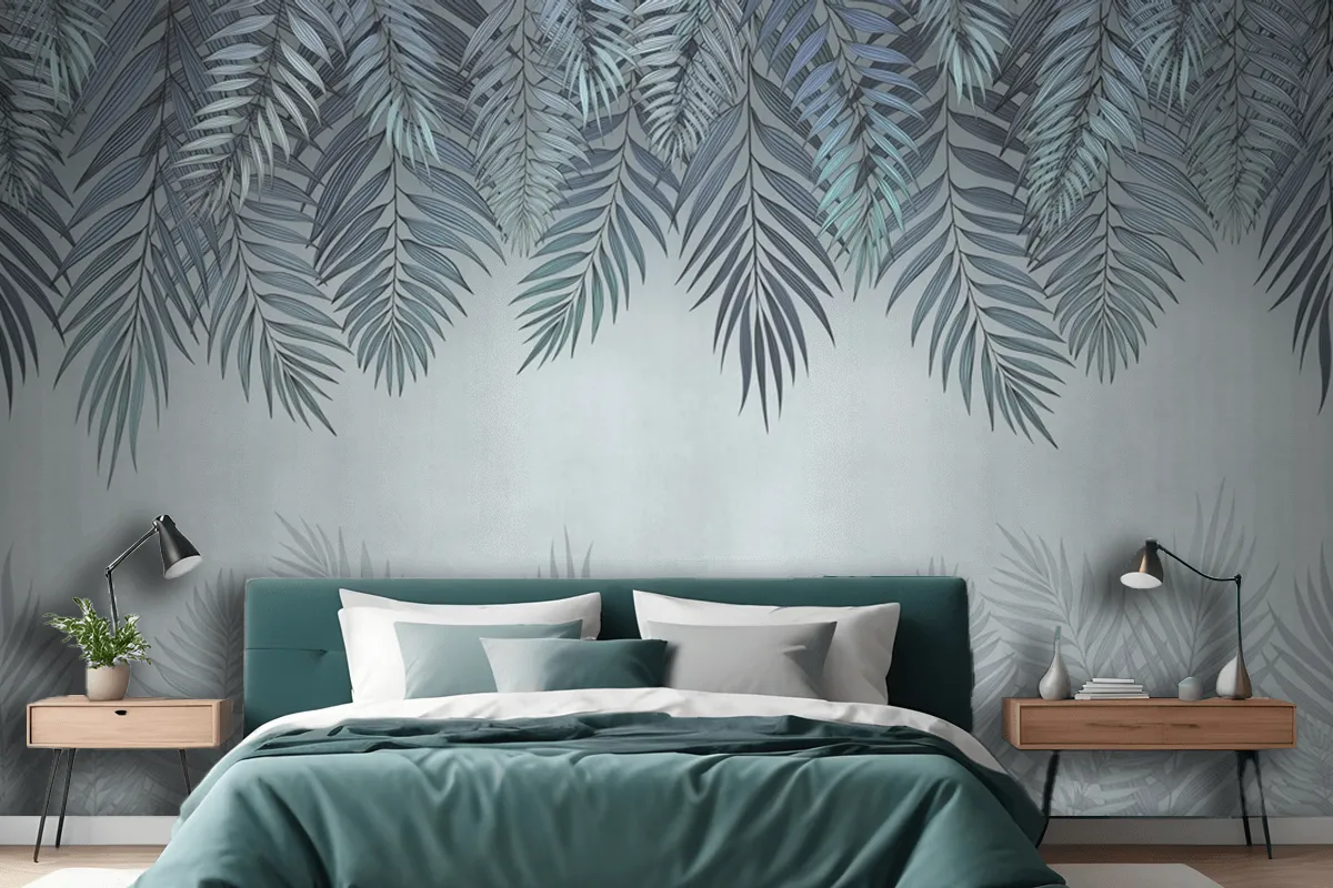 Palm Leaves In Pale Blue Flowers Wallpaper Mural