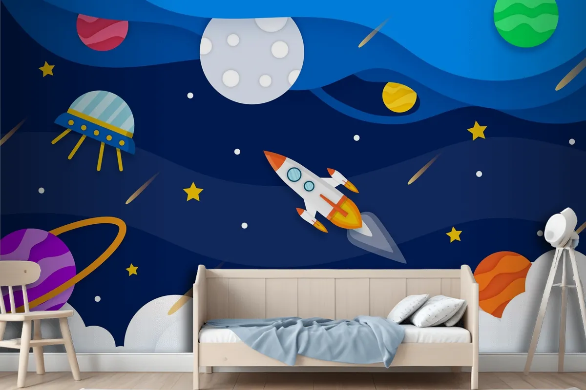 Paper Style Galaxy With Rocket Wallpaper Mural