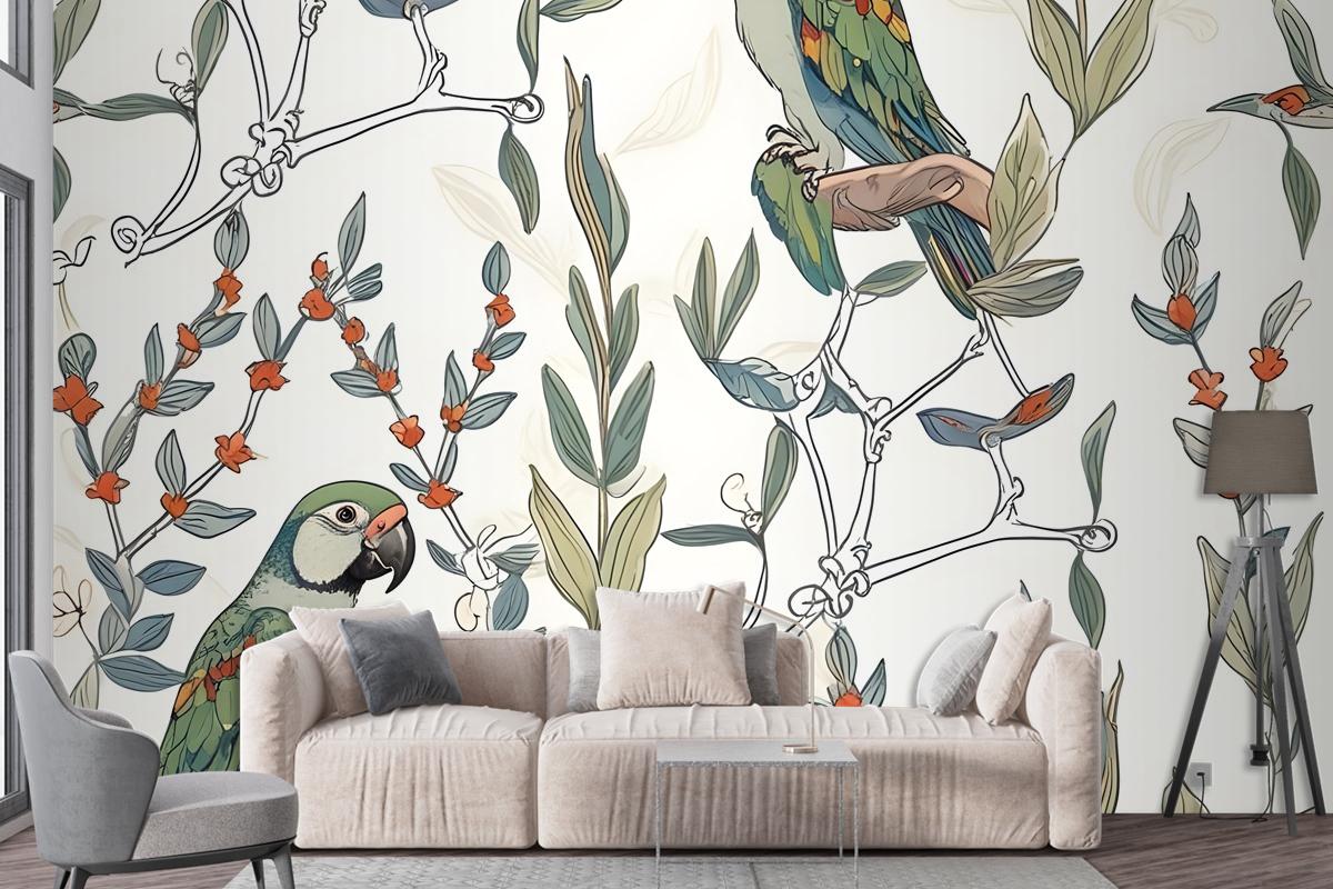 Parrot On Branches Wallpaper Mural