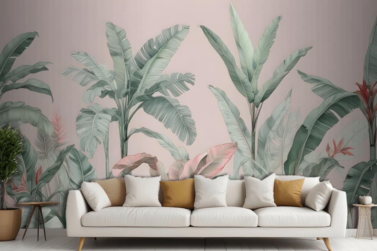 Pastel Pink & Green Vintage Tropical Wallpaper Mural