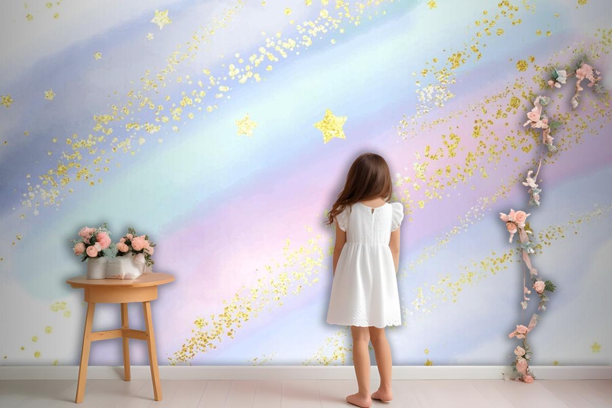 Pastel Watercolour Background With Glittery Gold Stars And Confetti Wallpaper Mural