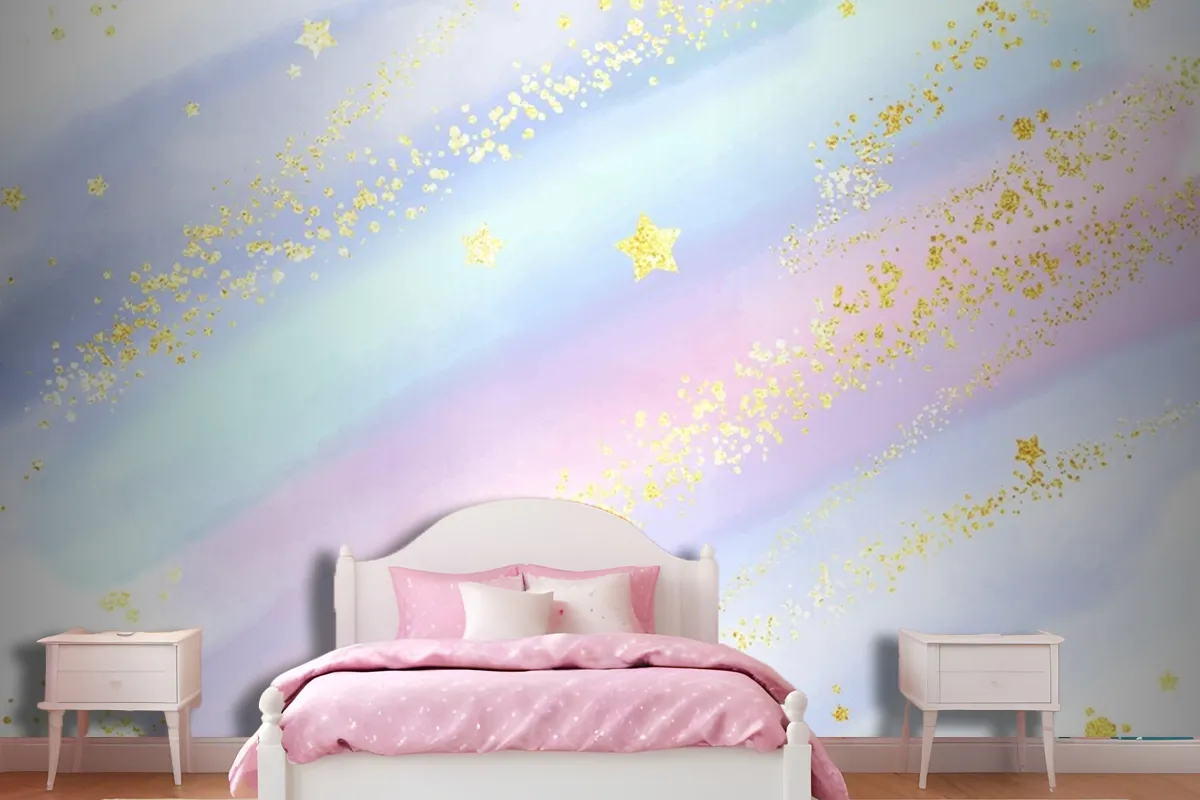 Pastel Watercolour Background With Glittery Gold Stars And Confetti Wallpaper Mural