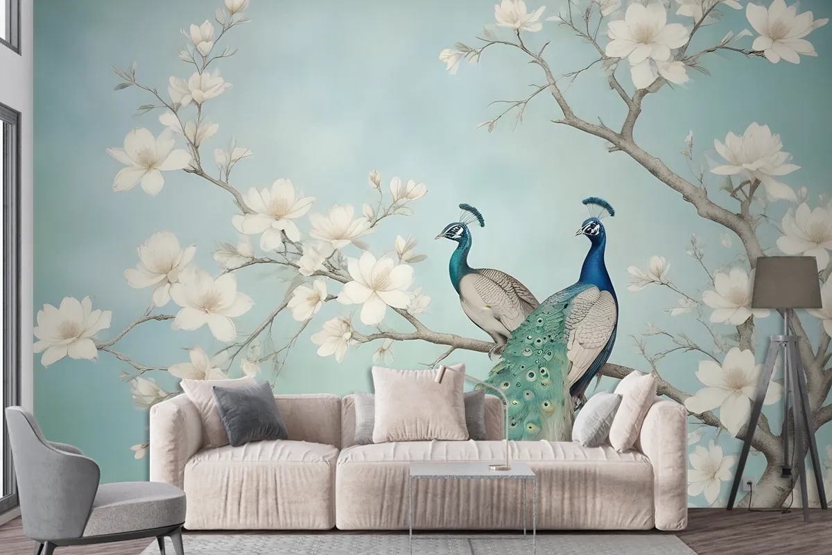 Peacock With Magnolia Blossom Wallpaper Mural