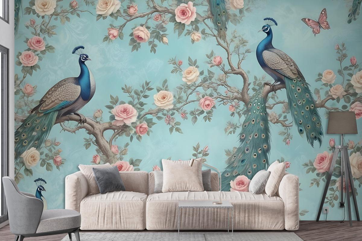 Peacock With Peony Blossom Wallpaper Mural