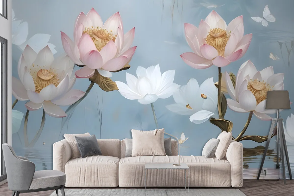 Pearl Lotus Flower And Little Butterfly Wallpaper Mural