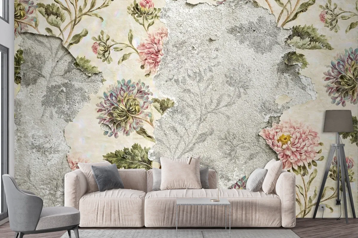 Peeling Floral Wallpaper On Concrete Wallpaper Mural