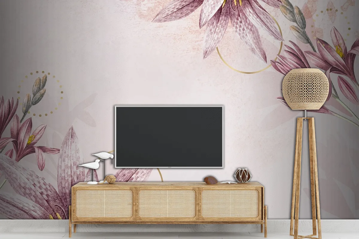 Pembe Amaryllis Desenli Arka Plan Tv Arkası Duvar Kağıdı