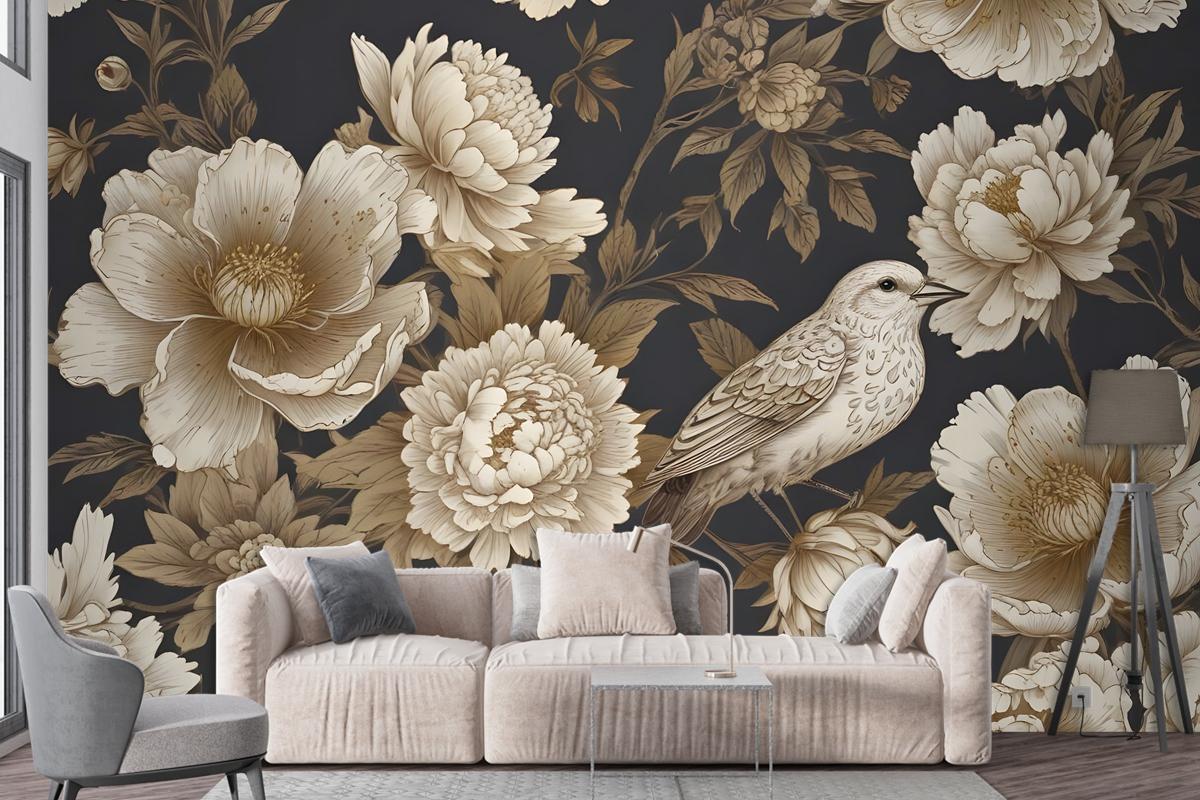 Peony Flowers With Bird Wallpaper Mural