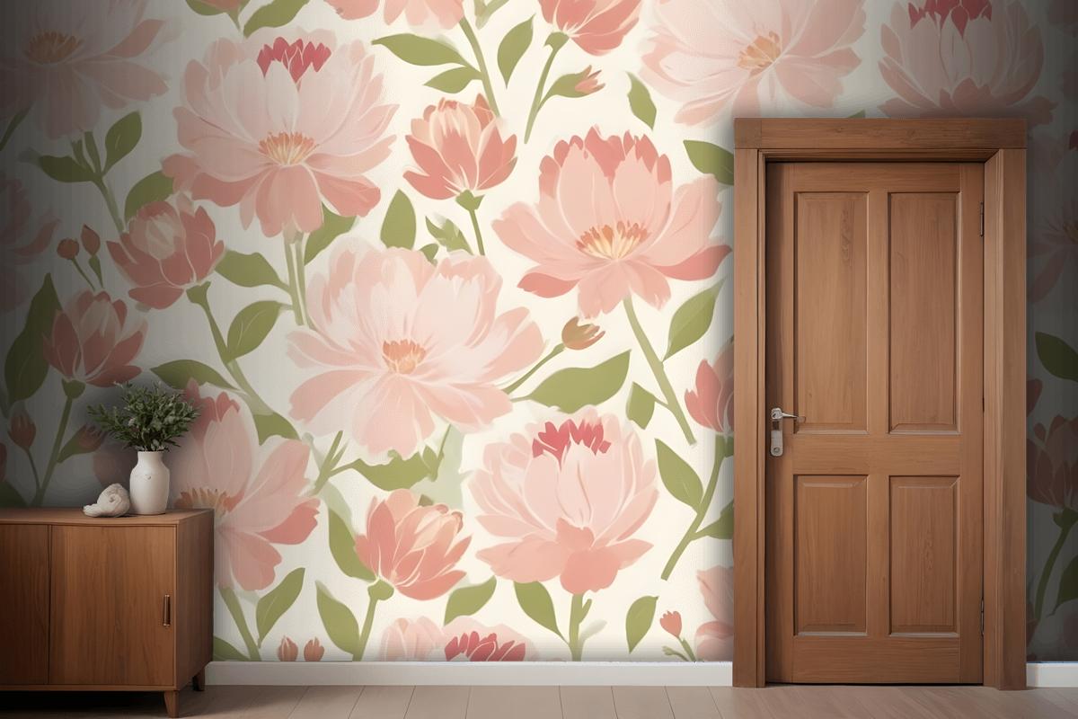 Pink And Peach Flowers With Green Leaves On A Light Wallpaper Mural