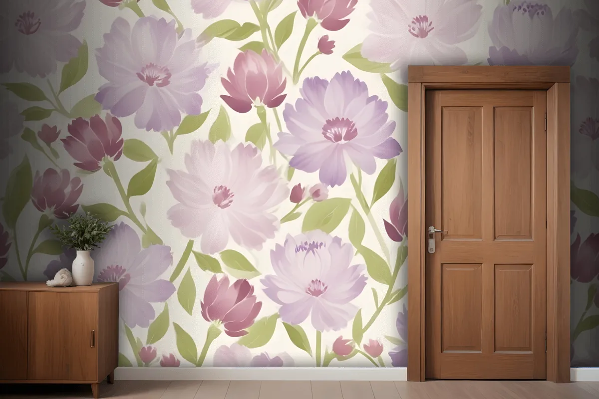 Pink And Purple Flowers With Green Leaves On A Light Wallpaper Mural