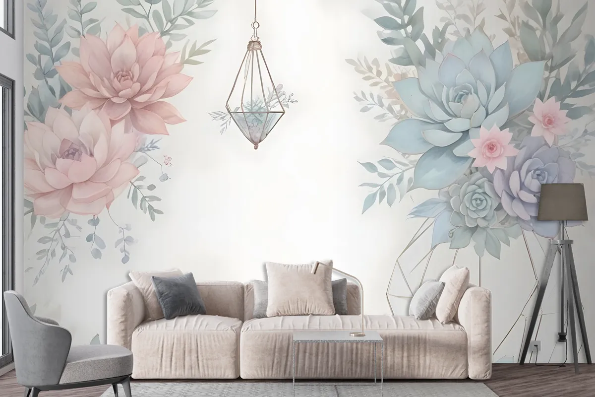 Pink Blue Soft Floral Wallpaper Mural