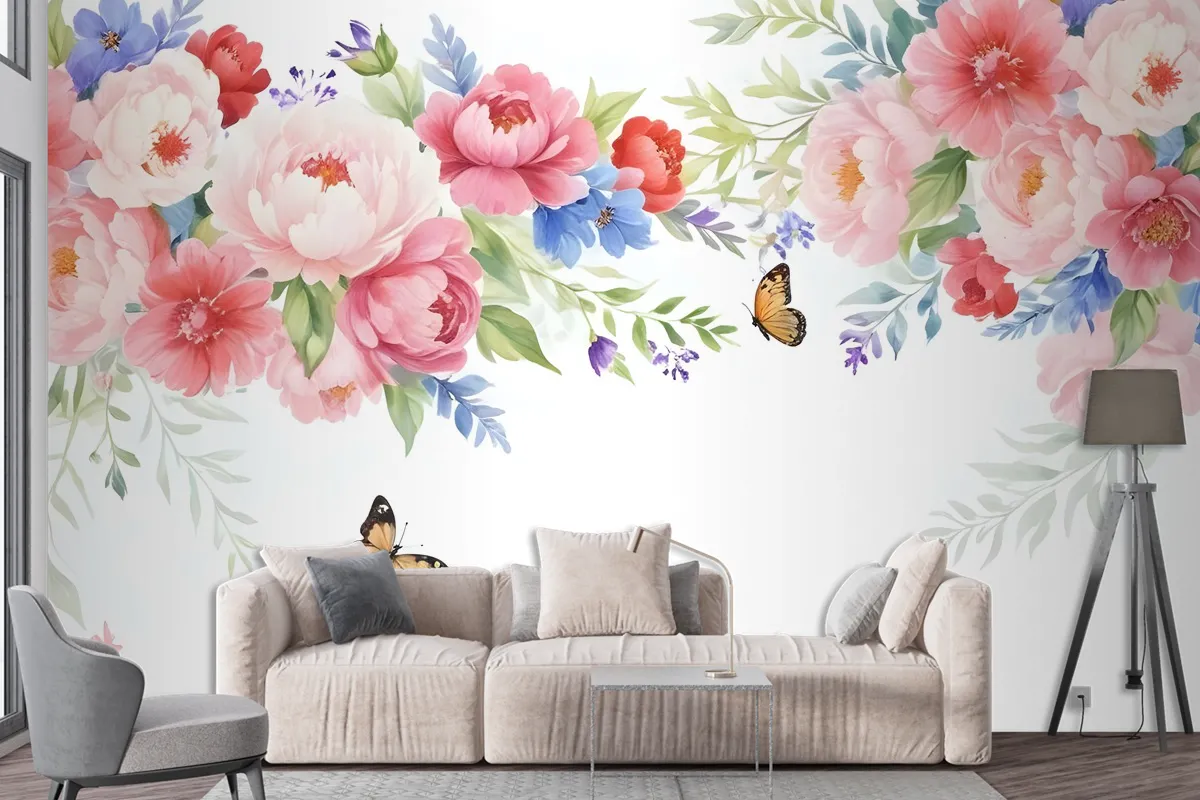 Pink Boho Vine Florals Wallpaper Mural