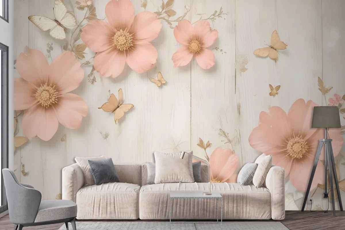 Pink Diamond Daisy With Butterflies Wallpaper Mural