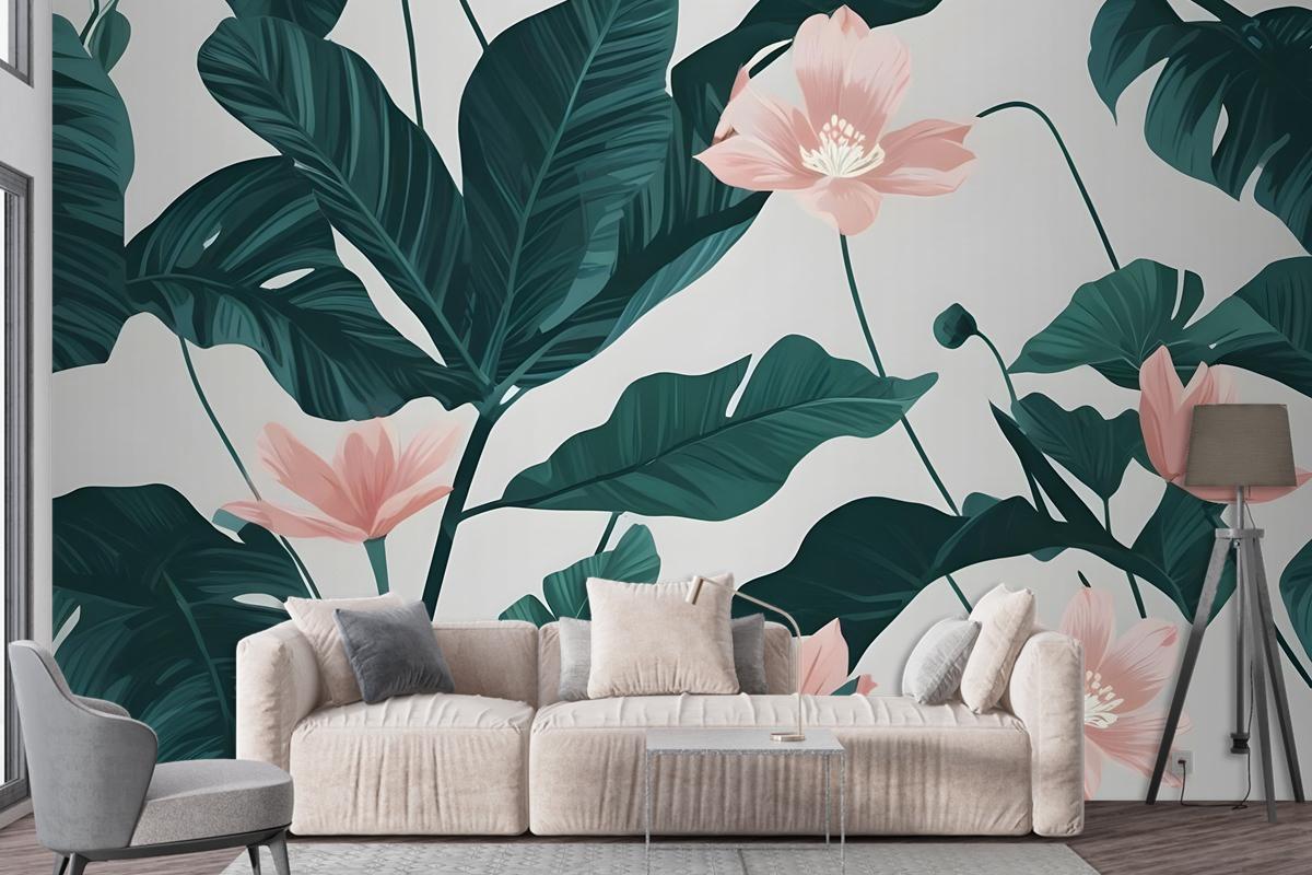 Pink Flower And Leaves Wallpaper Mural