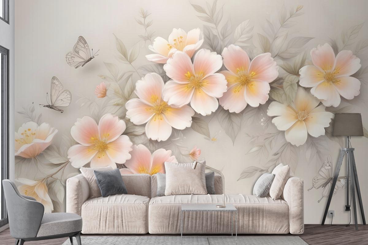 Pink Flower And White Butterfly Wallpaper Mural